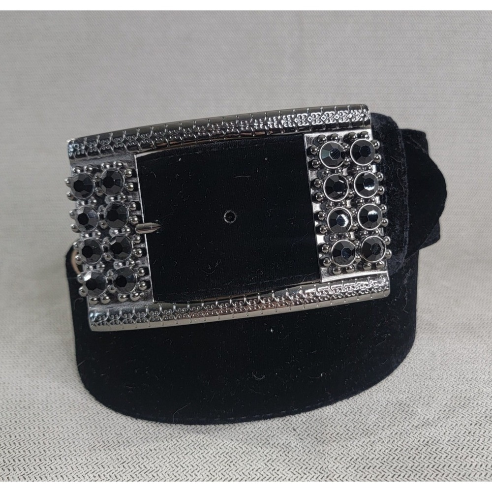 Chicos Velvet Leather Belt Rhinestone Gunmetal Buckle Wide Statement Size Medium